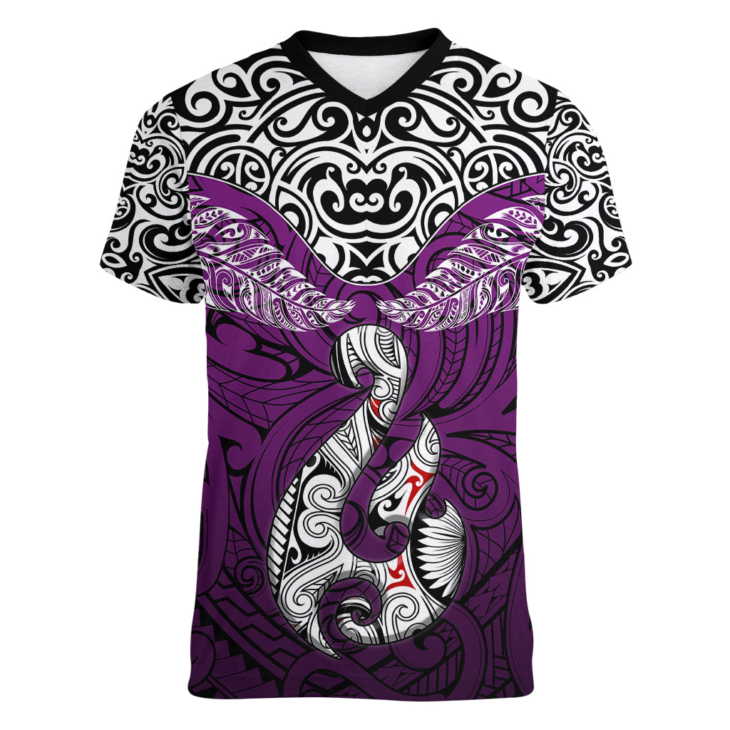 Custom Aotearoa New Zealand Women V Neck T Shirt Silver Fern and Matau with Maori Tribal Pink Style LT03 Female Pink - Polynesian Pride