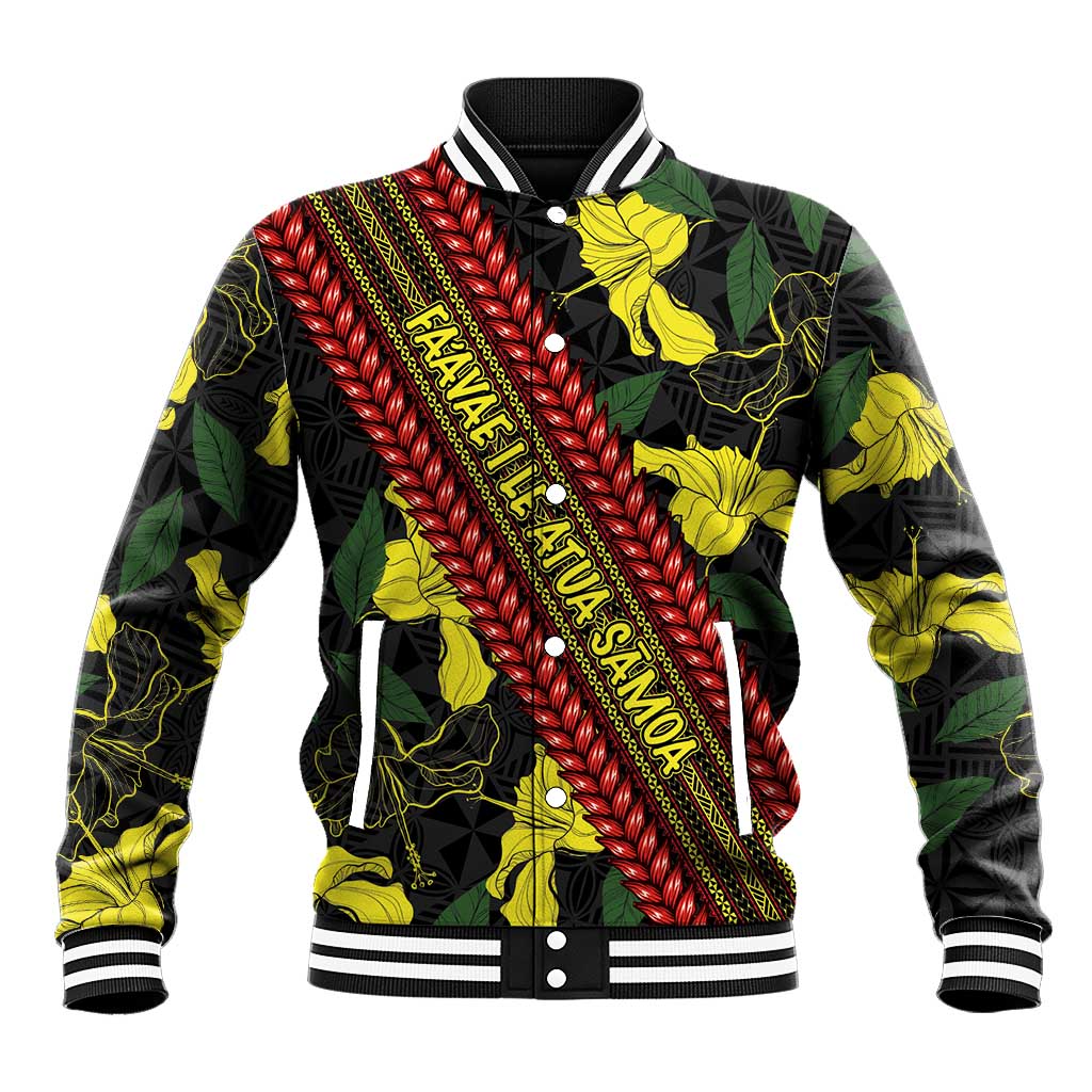 Samoan Culture Baseball Jacket Hibiscus and Ula Fala with Tapa Pattern Black Color LT03 Unisex Black - Polynesian Pride