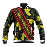 Samoan Culture Baseball Jacket Hibiscus and Ula Fala with Tapa Pattern Black Color LT03 Unisex Black - Polynesian Pride
