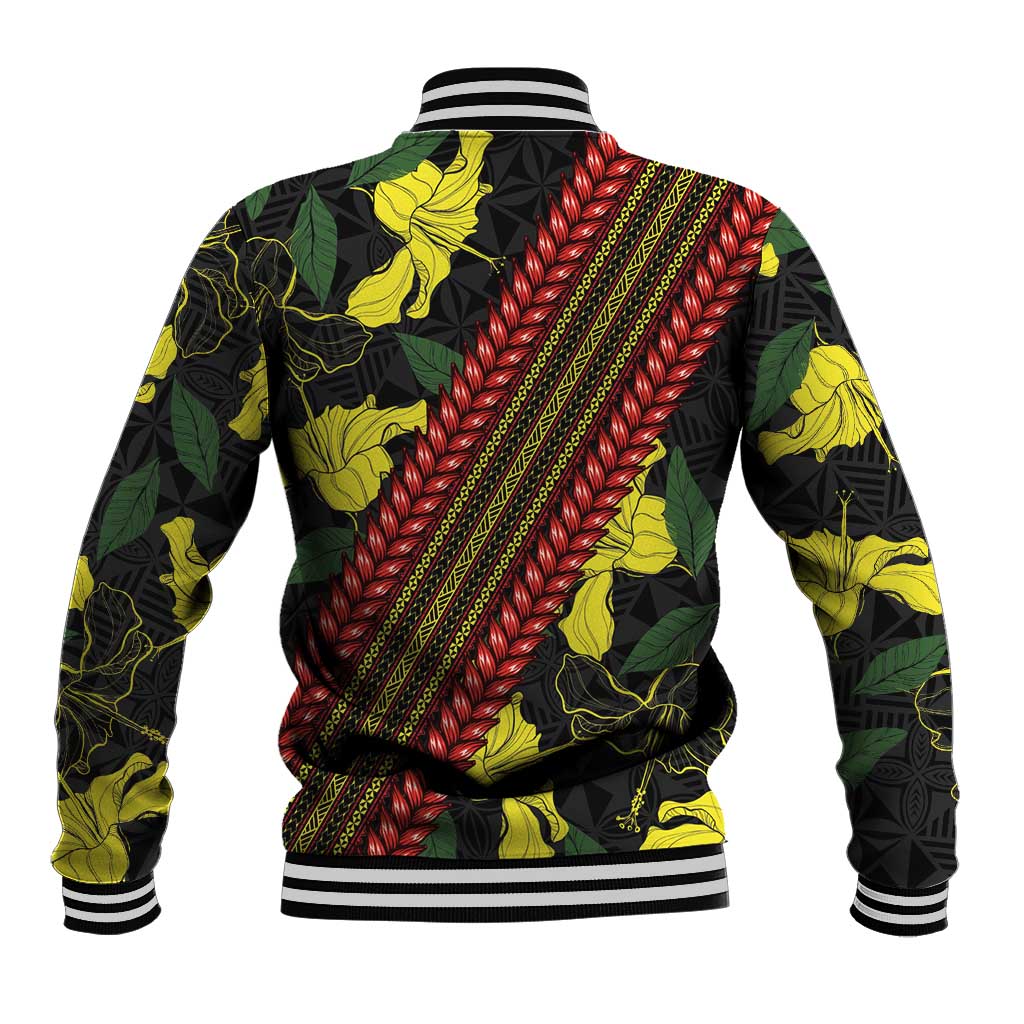 Samoan Culture Baseball Jacket Hibiscus and Ula Fala with Tapa Pattern Black Color LT03 - Polynesian Pride