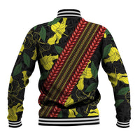 Samoan Culture Baseball Jacket Hibiscus and Ula Fala with Tapa Pattern Black Color LT03 - Polynesian Pride