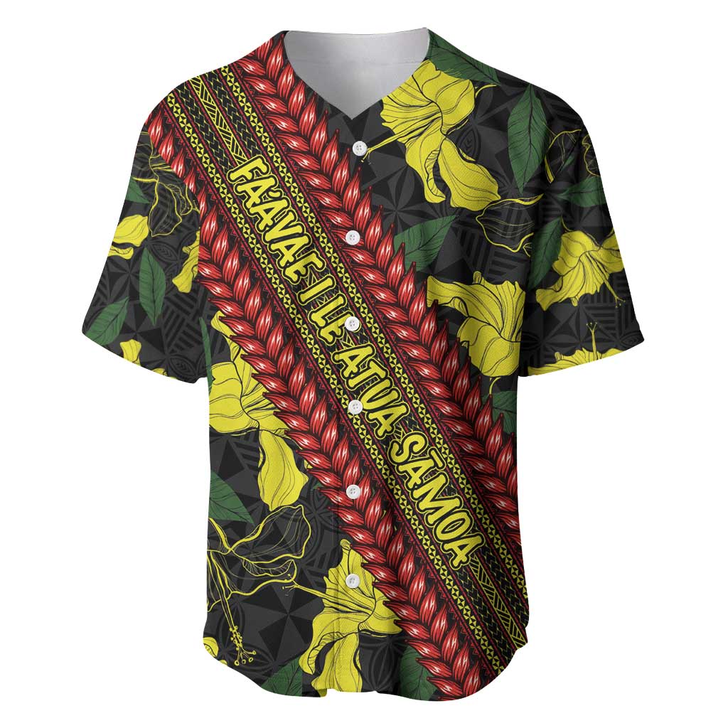 Samoan Culture Baseball Jersey Hibiscus and Ula Fala with Tapa Pattern Black Color