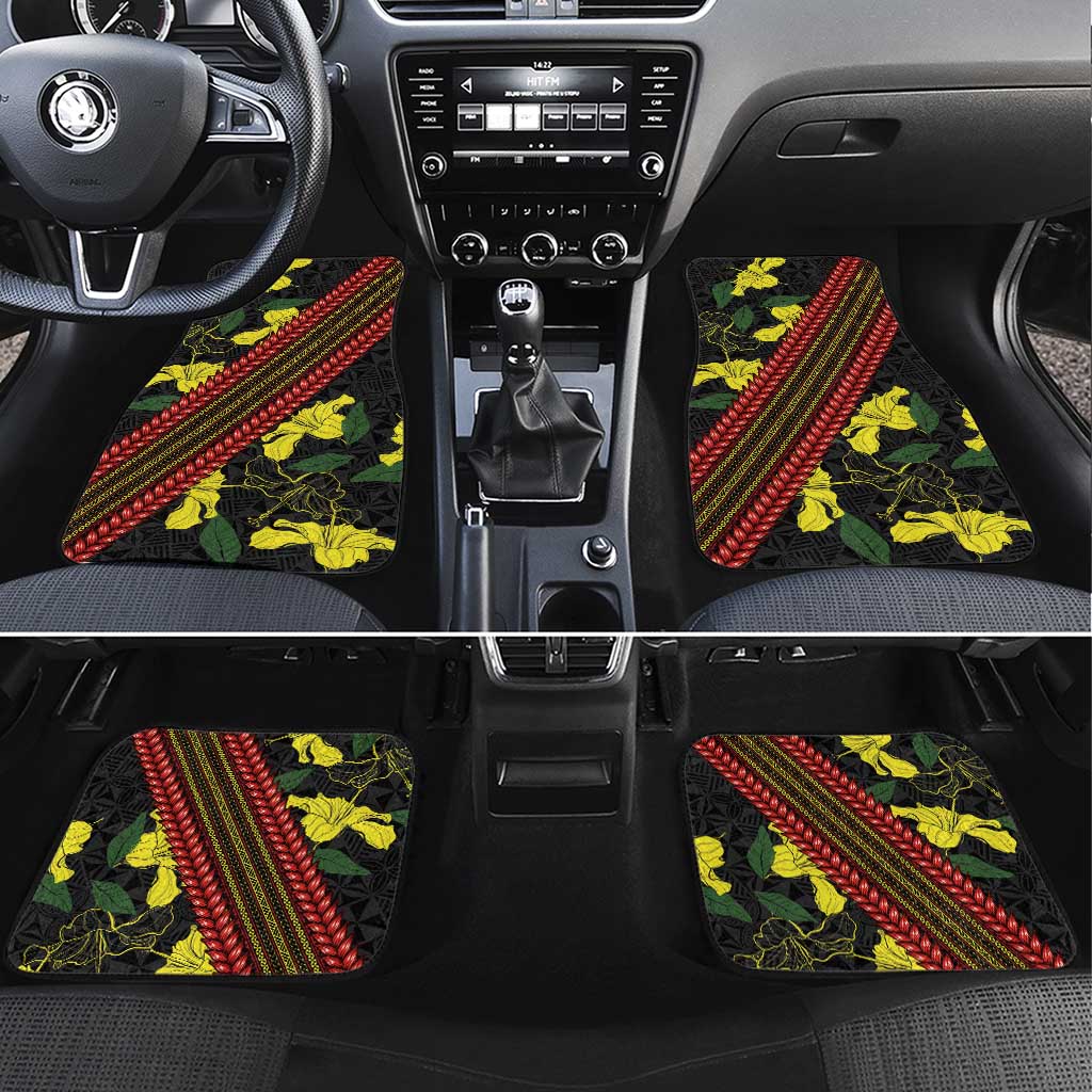 Samoan Culture Car Mats Hibiscus and Ula Fala with Tapa Pattern Black Color