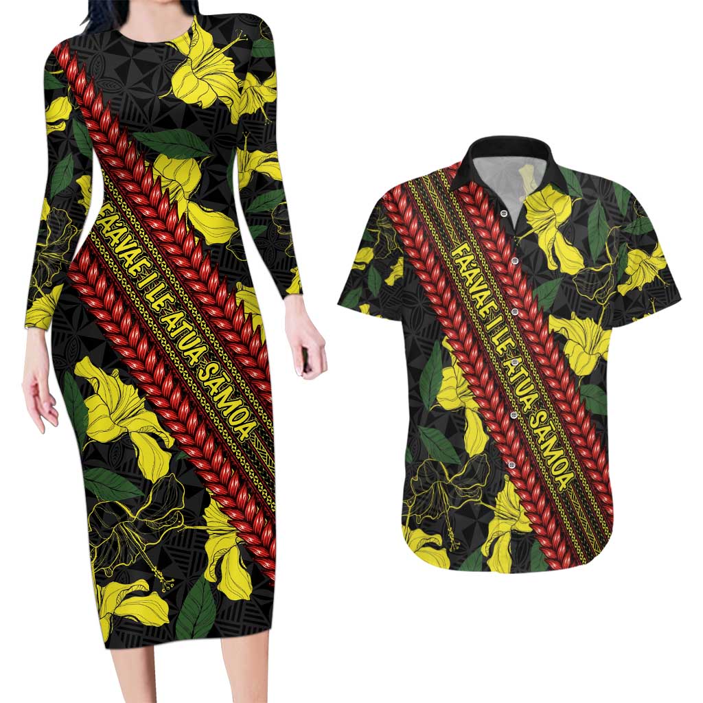 Samoan Culture Couples Matching Long Sleeve Bodycon Dress and Hawaiian Shirt Hibiscus and Ula Fala with Tapa Pattern Black Color