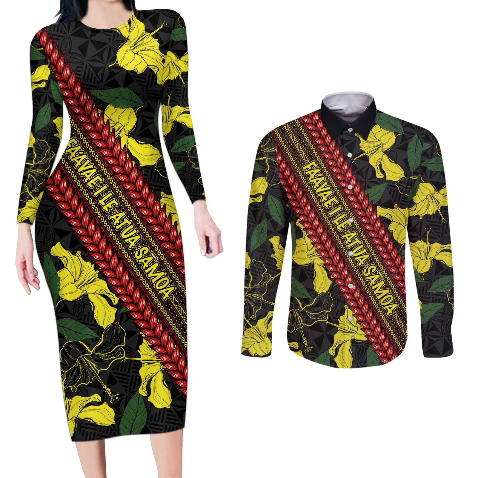 Samoan Culture Couples Matching Long Sleeve Bodycon Dress and Long Sleeve Button Shirt Hibiscus and Ula Fala with Tapa Pattern Black Color