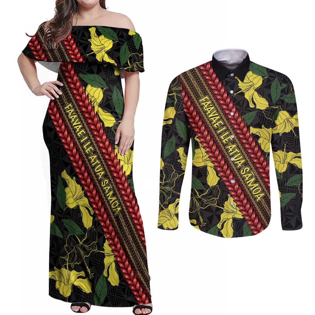 Samoan Culture Couples Matching Off Shoulder Maxi Dress and Long Sleeve Button Shirt Hibiscus and Ula Fala with Tapa Pattern Black Color