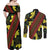 Samoan Culture Couples Matching Off Shoulder Maxi Dress and Long Sleeve Button Shirt Hibiscus and Ula Fala with Tapa Pattern Black Color