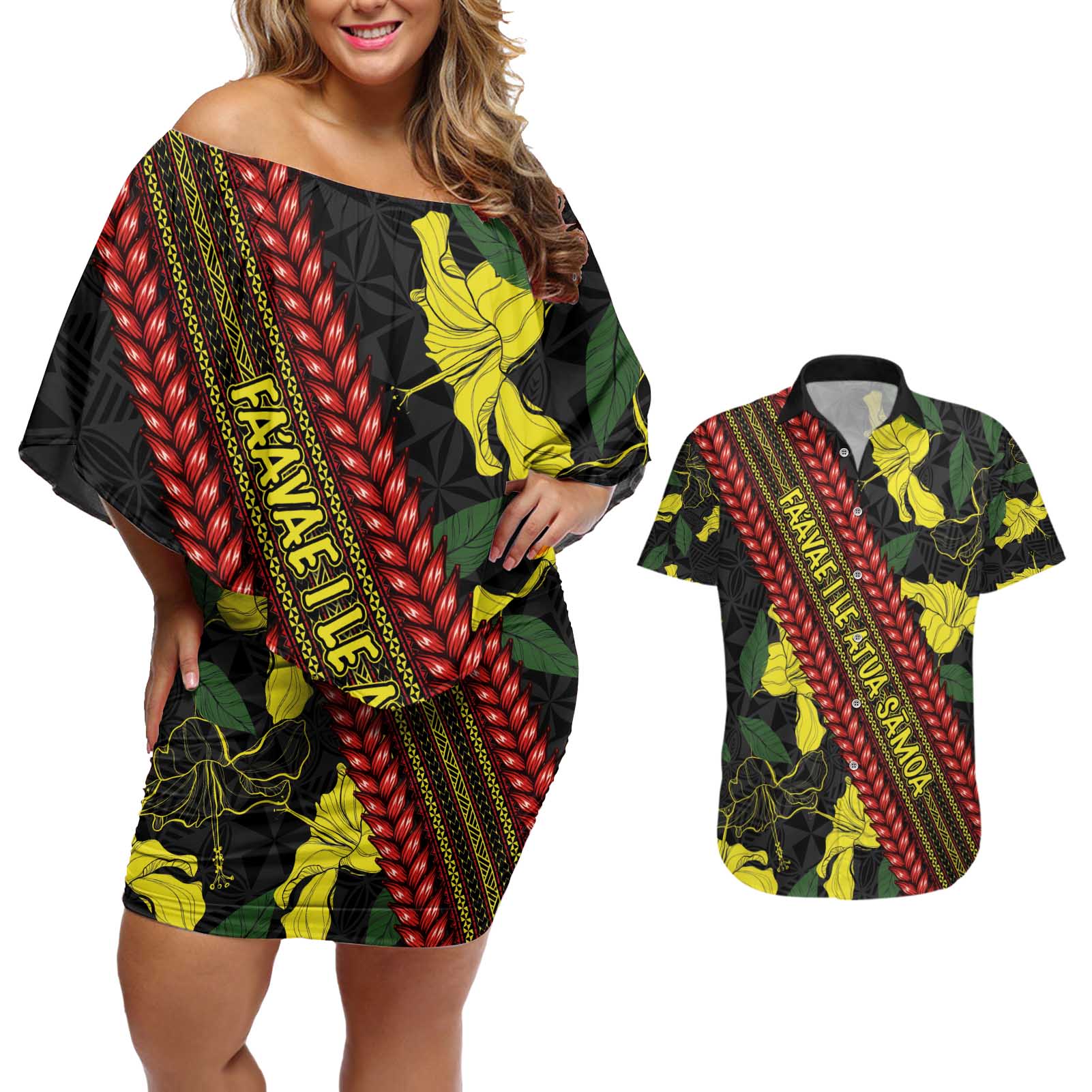 Samoan Culture Couples Matching Off Shoulder Short Dress and Hawaiian Shirt Hibiscus and Ula Fala with Tapa Pattern Black Color