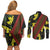 Samoan Culture Couples Matching Off Shoulder Short Dress and Long Sleeve Button Shirt Hibiscus and Ula Fala with Tapa Pattern Black Color