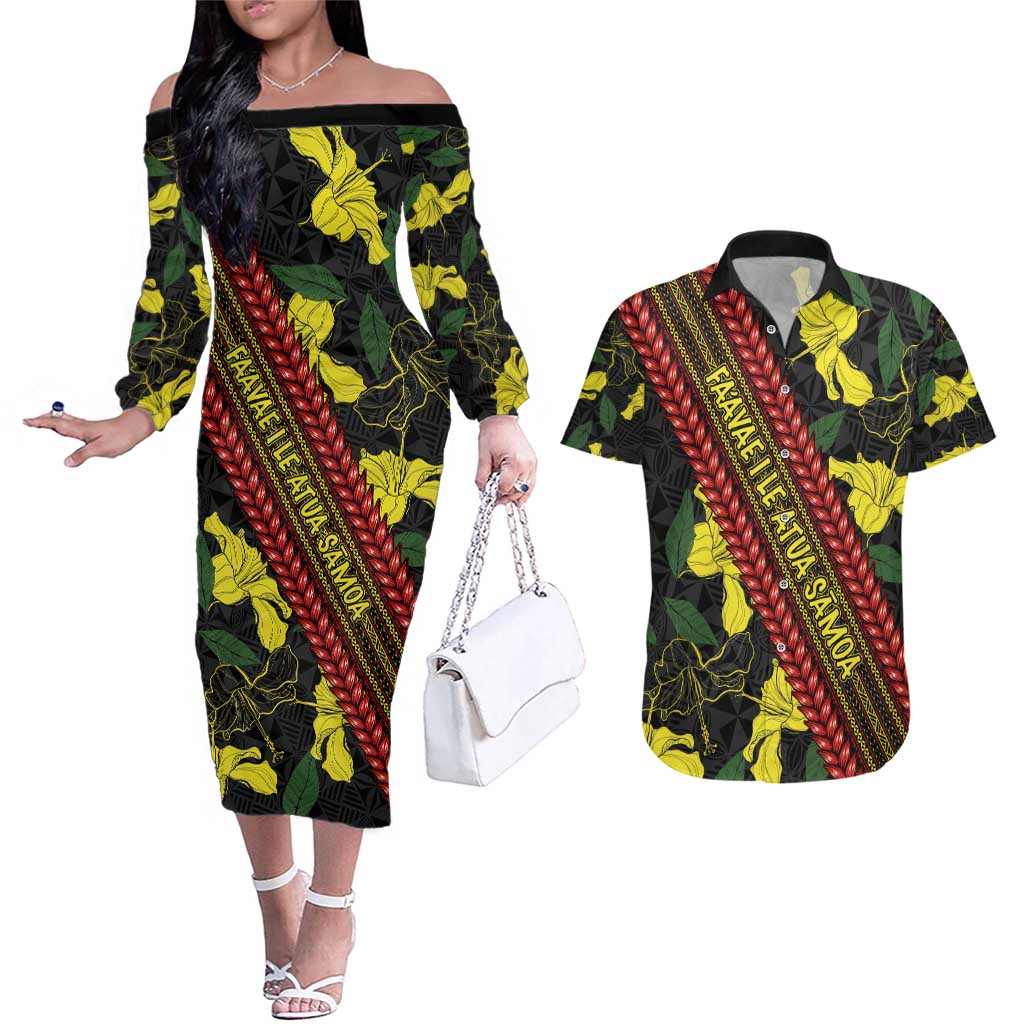 Samoan Culture Couples Matching Off The Shoulder Long Sleeve Dress and Hawaiian Shirt Hibiscus and Ula Fala with Tapa Pattern Black Color