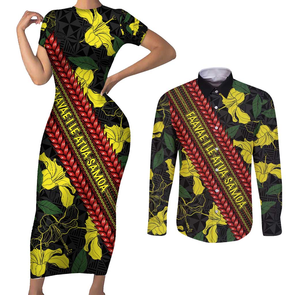 Samoan Culture Couples Matching Short Sleeve Bodycon Dress and Long Sleeve Button Shirt Hibiscus and Ula Fala with Tapa Pattern Black Color