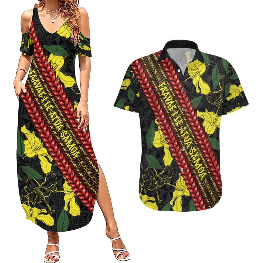 Samoan Culture Couples Matching Summer Maxi Dress and Hawaiian Shirt Hibiscus and Ula Fala with Tapa Pattern Black Color