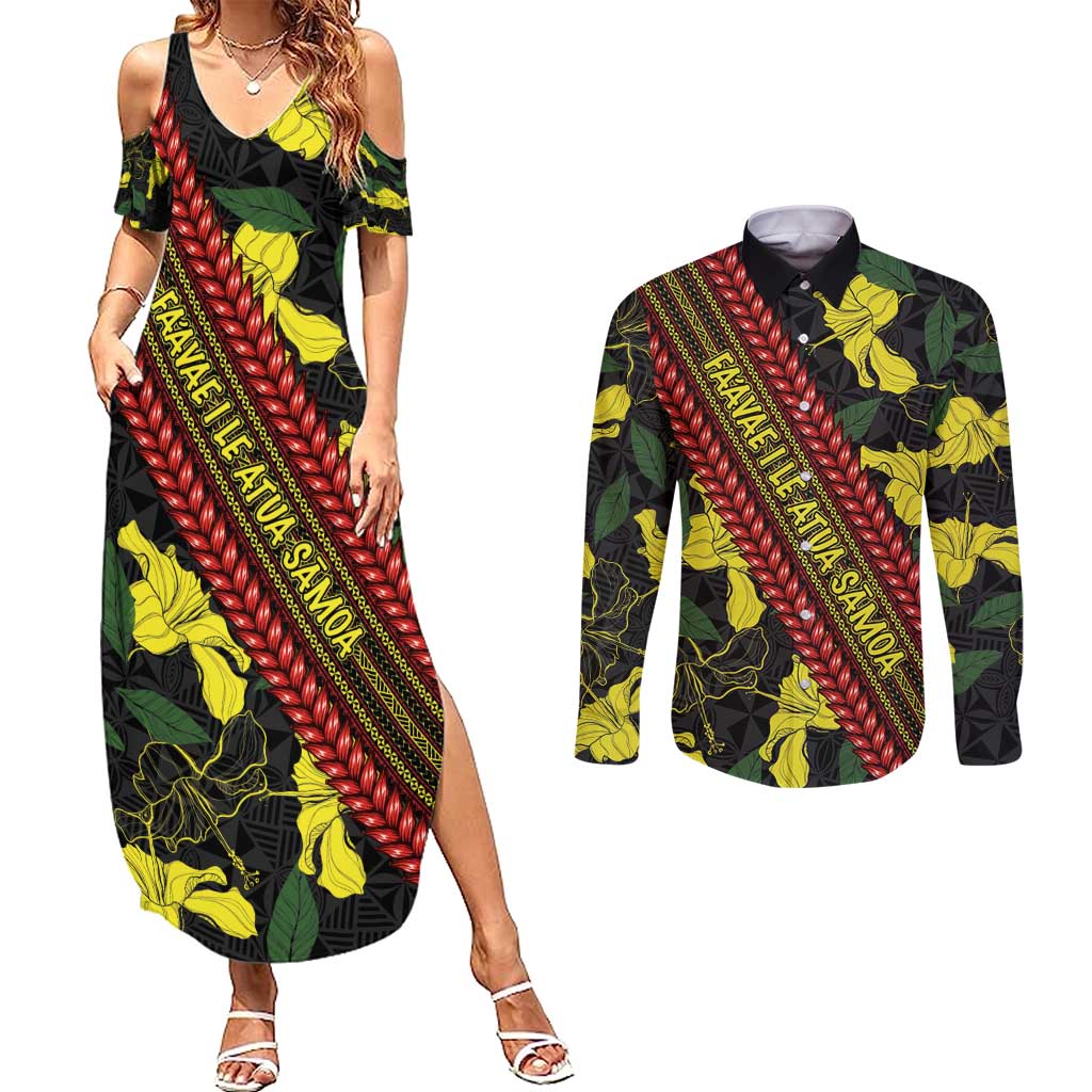 Samoan Culture Couples Matching Summer Maxi Dress and Long Sleeve Button Shirt Hibiscus and Ula Fala with Tapa Pattern Black Color