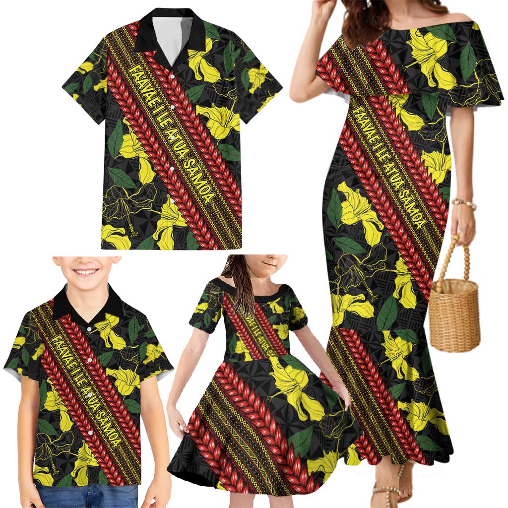 Samoan Culture Family Matching Mermaid Dress and Hawaiian Shirt Hibiscus and Ula Fala with Tapa Pattern Black Color