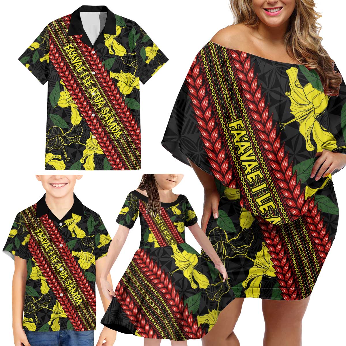 Samoan Culture Family Matching Off Shoulder Short Dress and Hawaiian Shirt Hibiscus and Ula Fala with Tapa Pattern Black Color