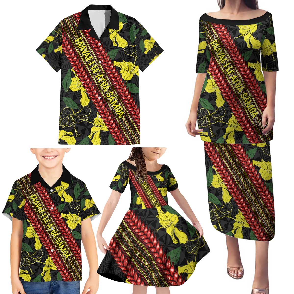 Samoan Culture Family Matching Puletasi and Hawaiian Shirt Hibiscus and Ula Fala with Tapa Pattern Black Color