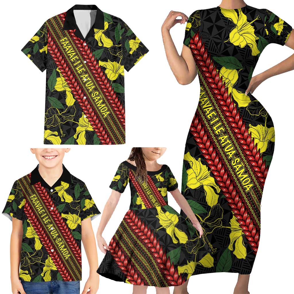 Samoan Culture Family Matching Short Sleeve Bodycon Dress and Hawaiian Shirt Hibiscus and Ula Fala with Tapa Pattern Black Color