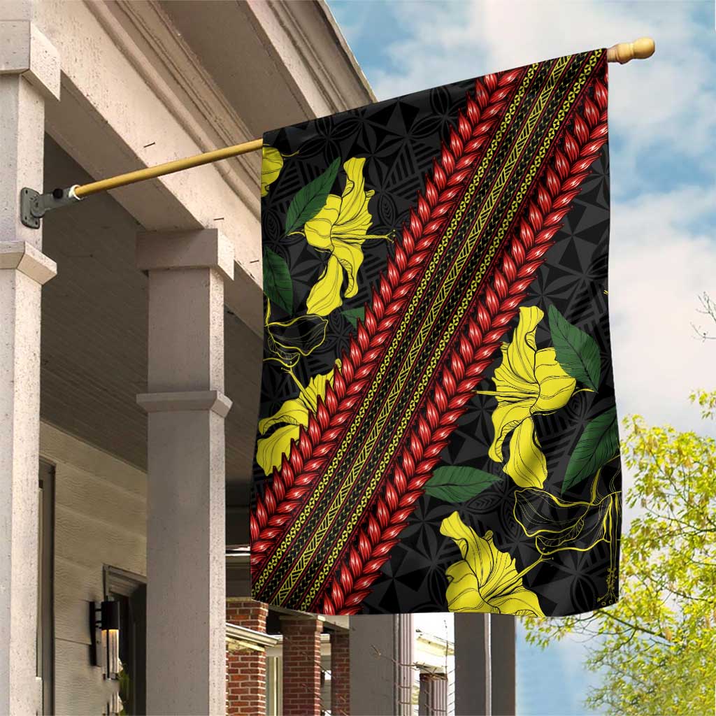 Samoan Culture Garden Flag Hibiscus and Ula Fala with Tapa Pattern Black Color