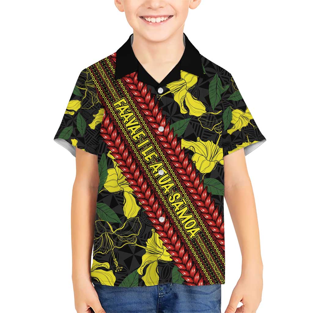 Samoan Culture Kid Hawaiian Shirt Hibiscus and Ula Fala with Tapa Pattern Black Color