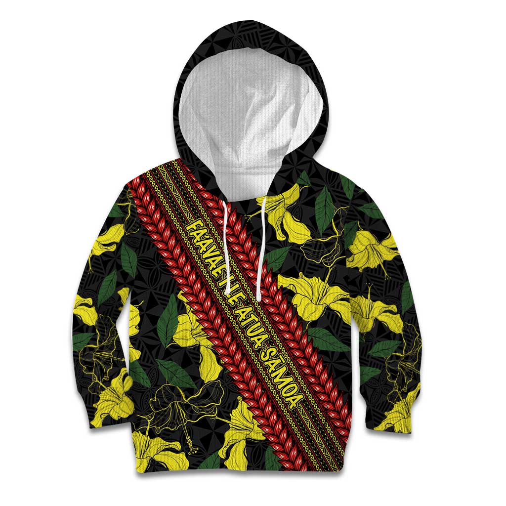 Samoan Culture Kid Hoodie Hibiscus and Ula Fala with Tapa Pattern Black Color