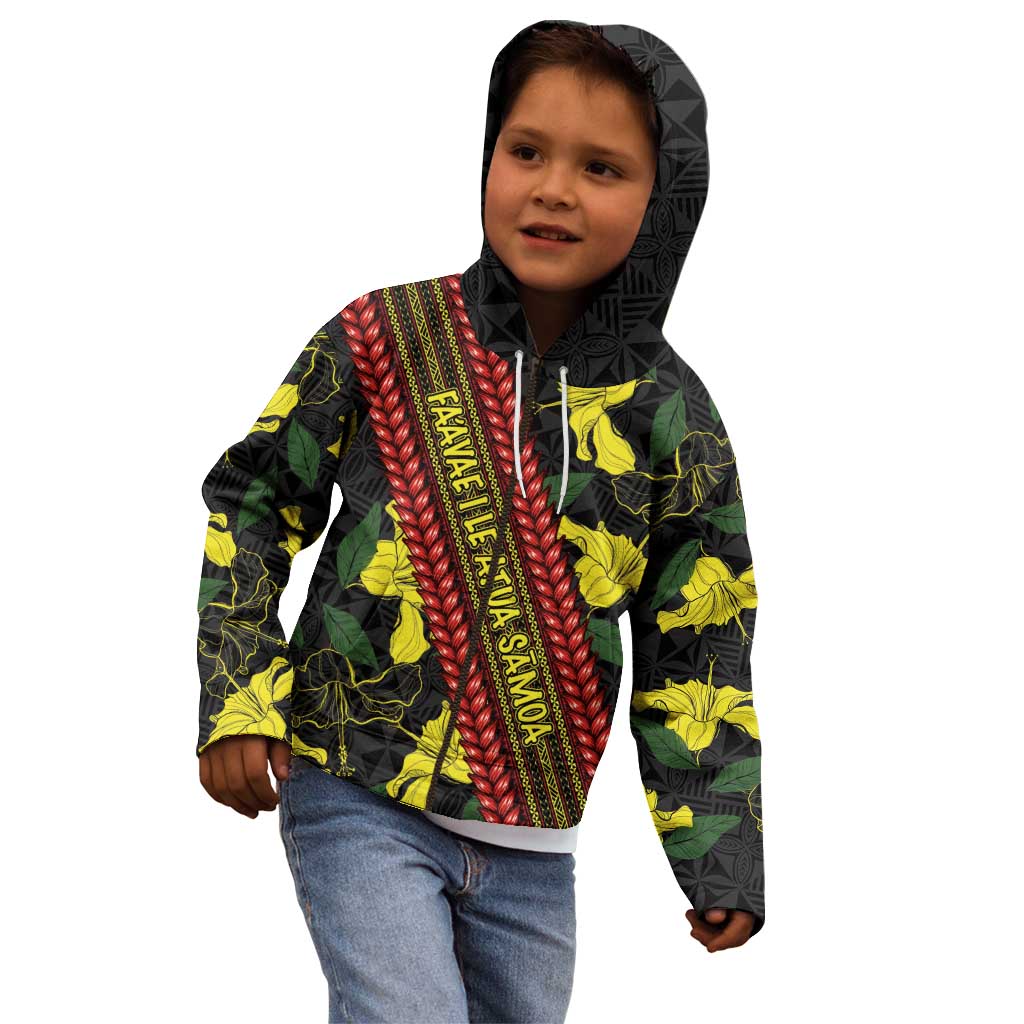 Samoan Culture Kid Hoodie Hibiscus and Ula Fala with Tapa Pattern Black Color