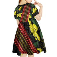 Samoan Culture Kid Short Sleeve Dress Hibiscus and Ula Fala with Tapa Pattern Black Color