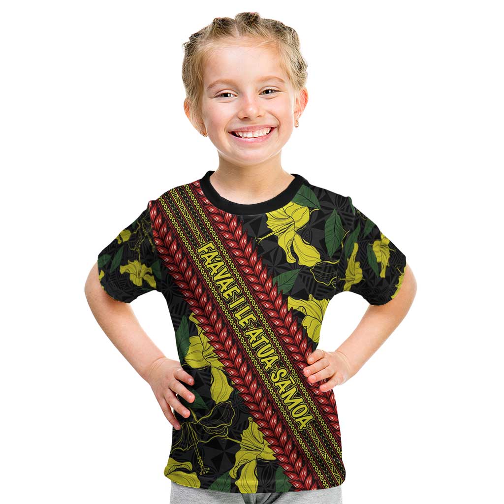 Samoan Culture Kid T Shirt Hibiscus and Ula Fala with Tapa Pattern Black Color