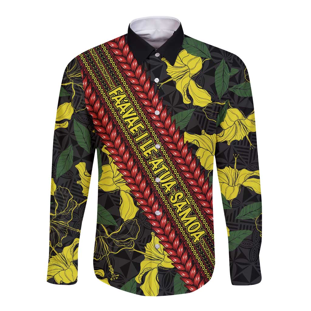 Samoan Culture Long Sleeve Button Shirt Hibiscus and Ula Fala with Tapa Pattern Black Color