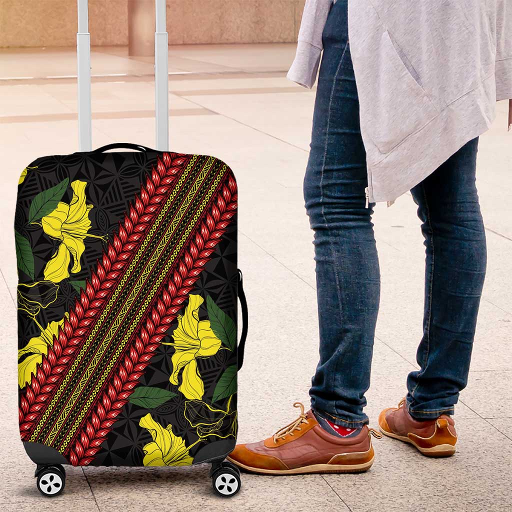 Samoan Culture Luggage Cover Hibiscus and Ula Fala with Tapa Pattern Black Color