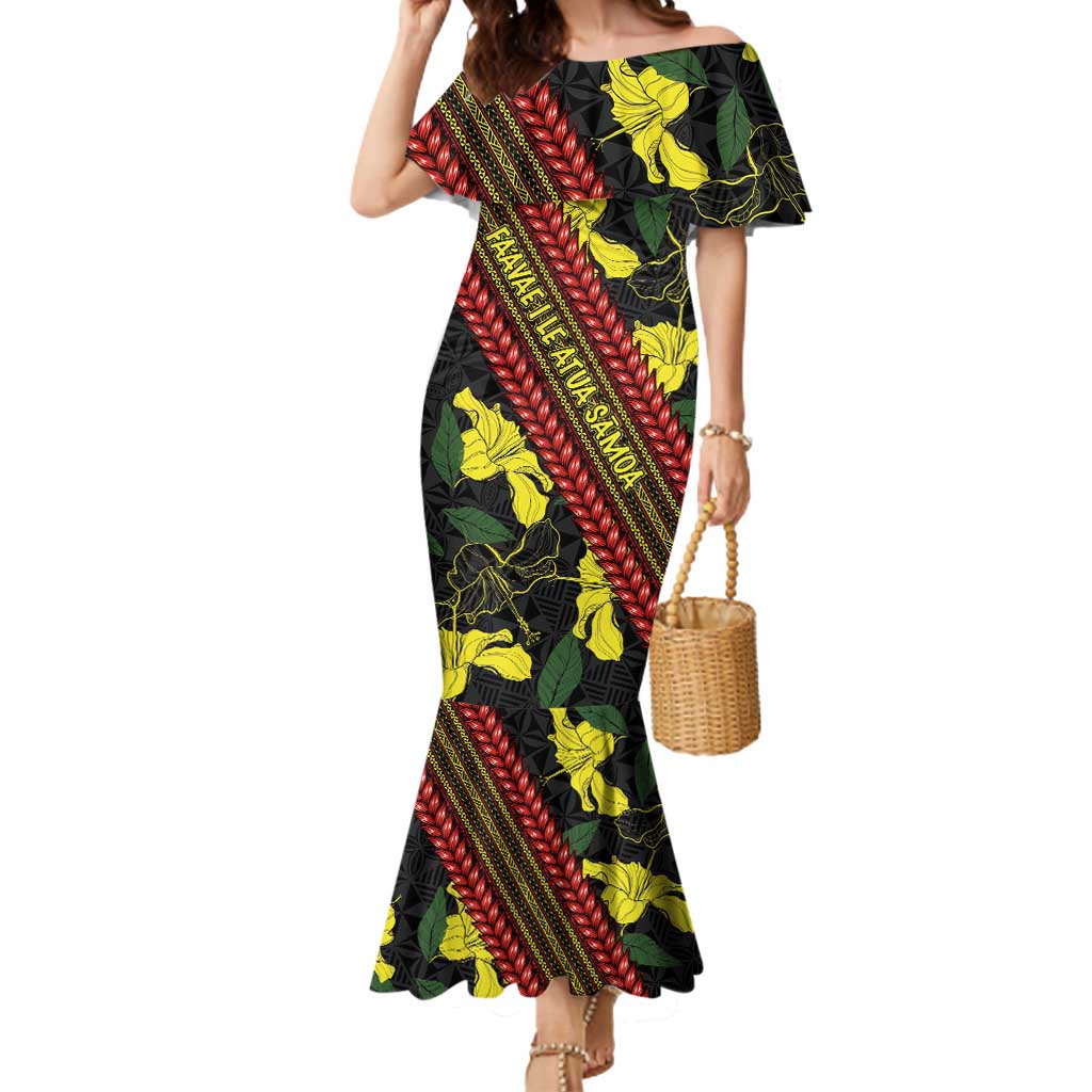 Samoan Culture Mermaid Dress Hibiscus and Ula Fala with Tapa Pattern Black Color