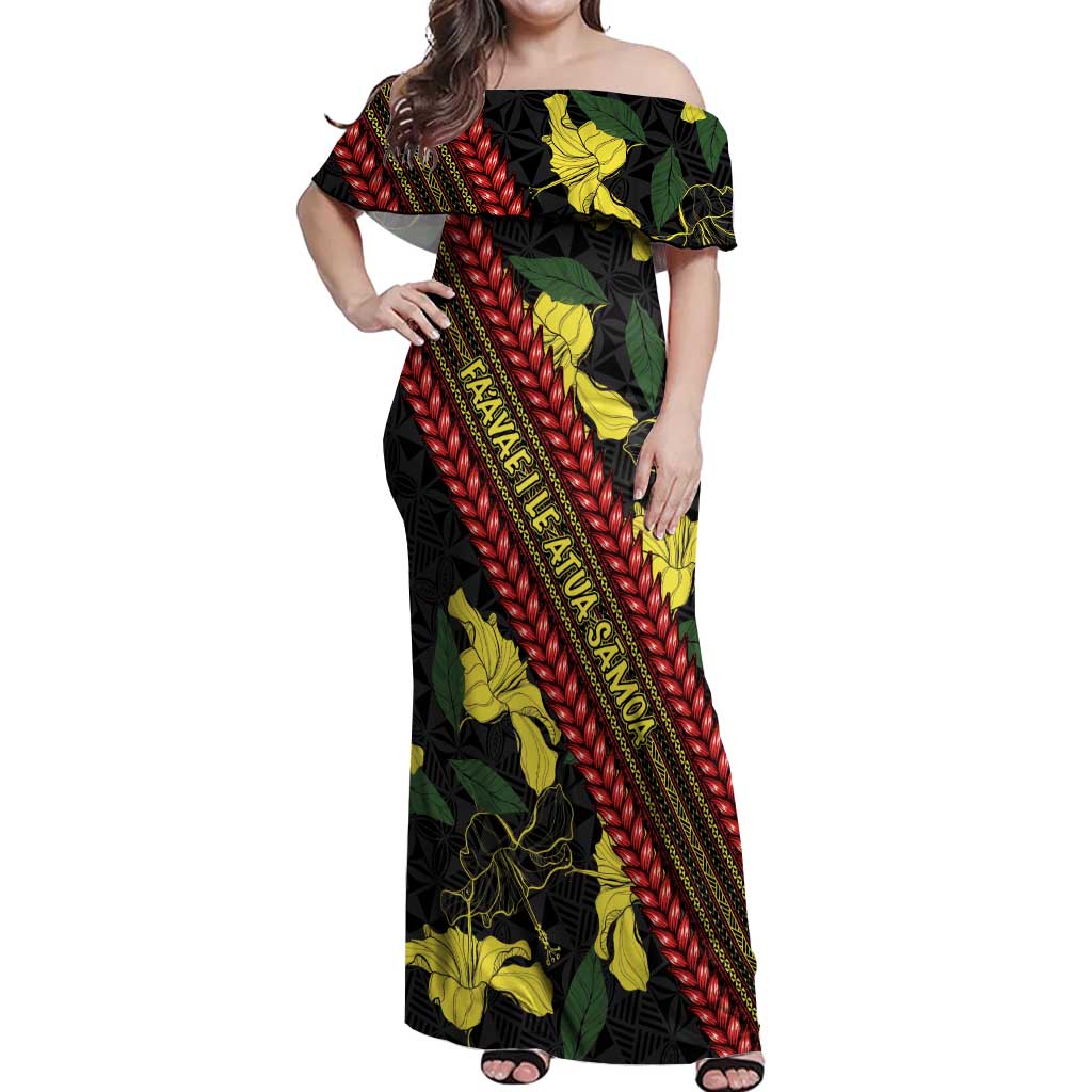 Samoan Culture Off Shoulder Maxi Dress Hibiscus and Ula Fala with Tapa Pattern Black Color