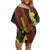 Samoan Culture Off Shoulder Short Dress Hibiscus and Ula Fala with Tapa Pattern Black Color