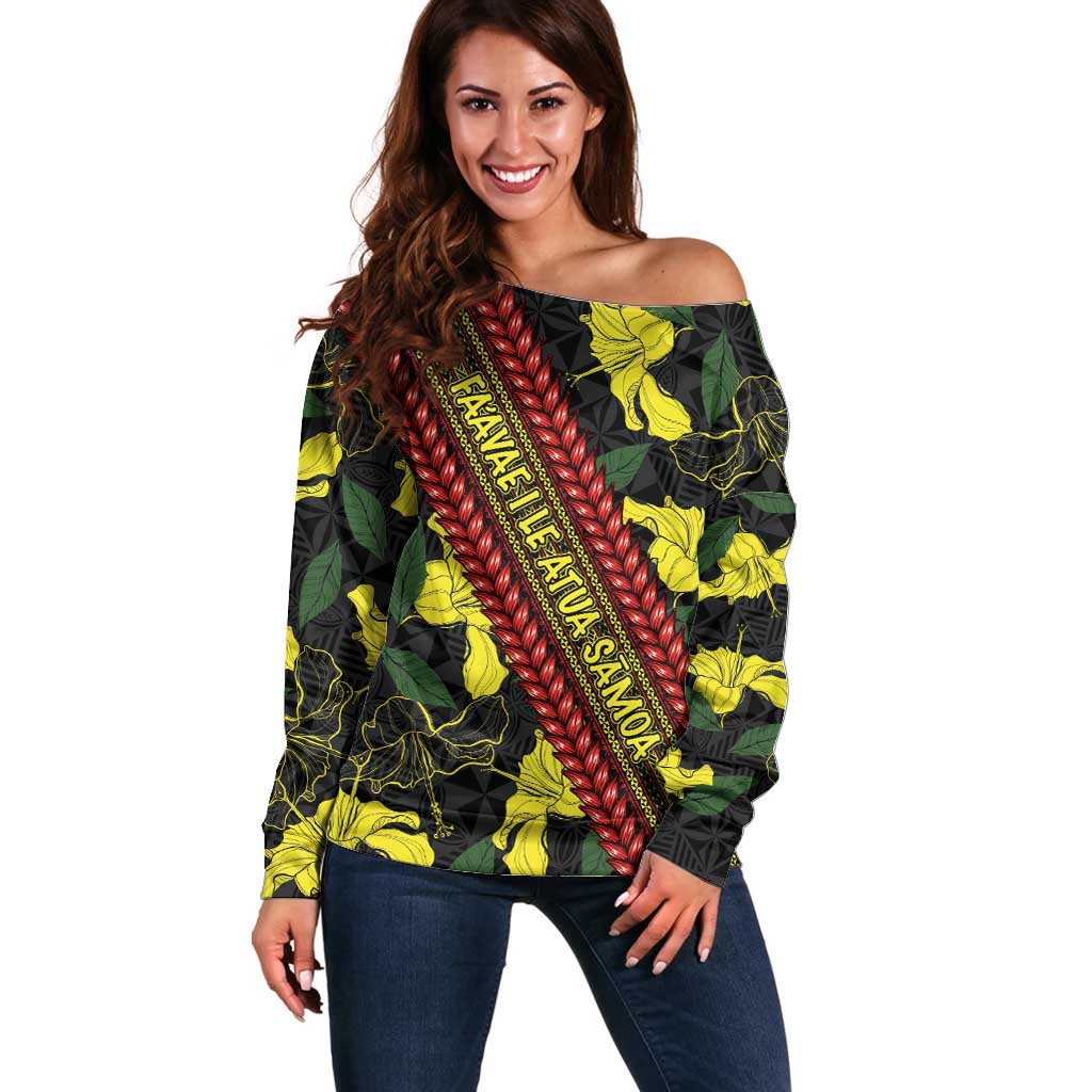 Samoan Culture Off Shoulder Sweater Hibiscus and Ula Fala with Tapa Pattern Black Color