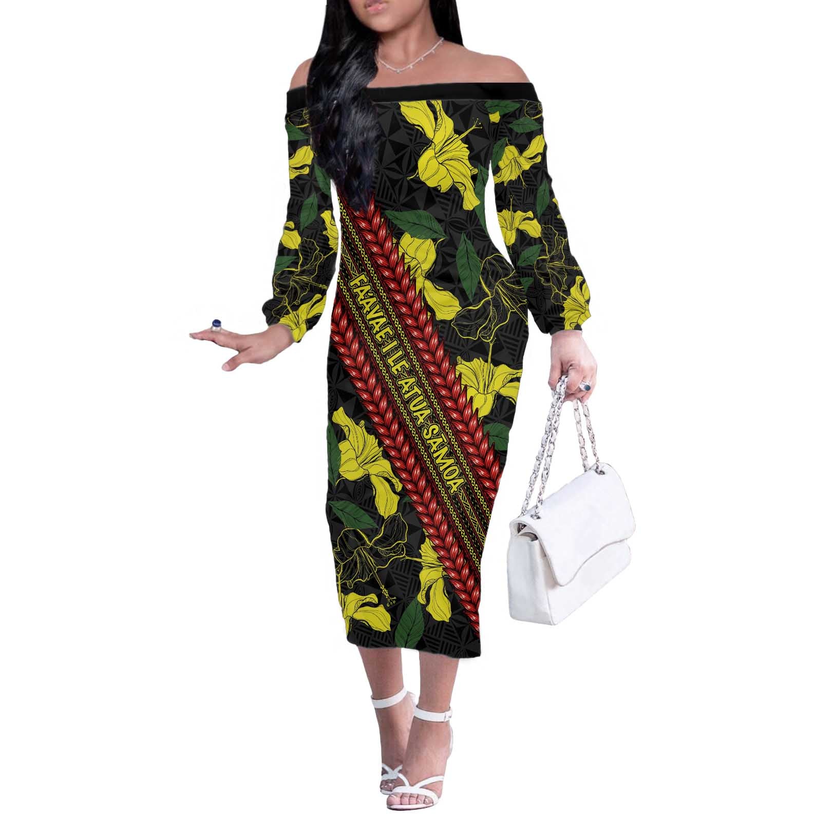 Samoan Culture Off The Shoulder Long Sleeve Dress Hibiscus and Ula Fala with Tapa Pattern Black Color