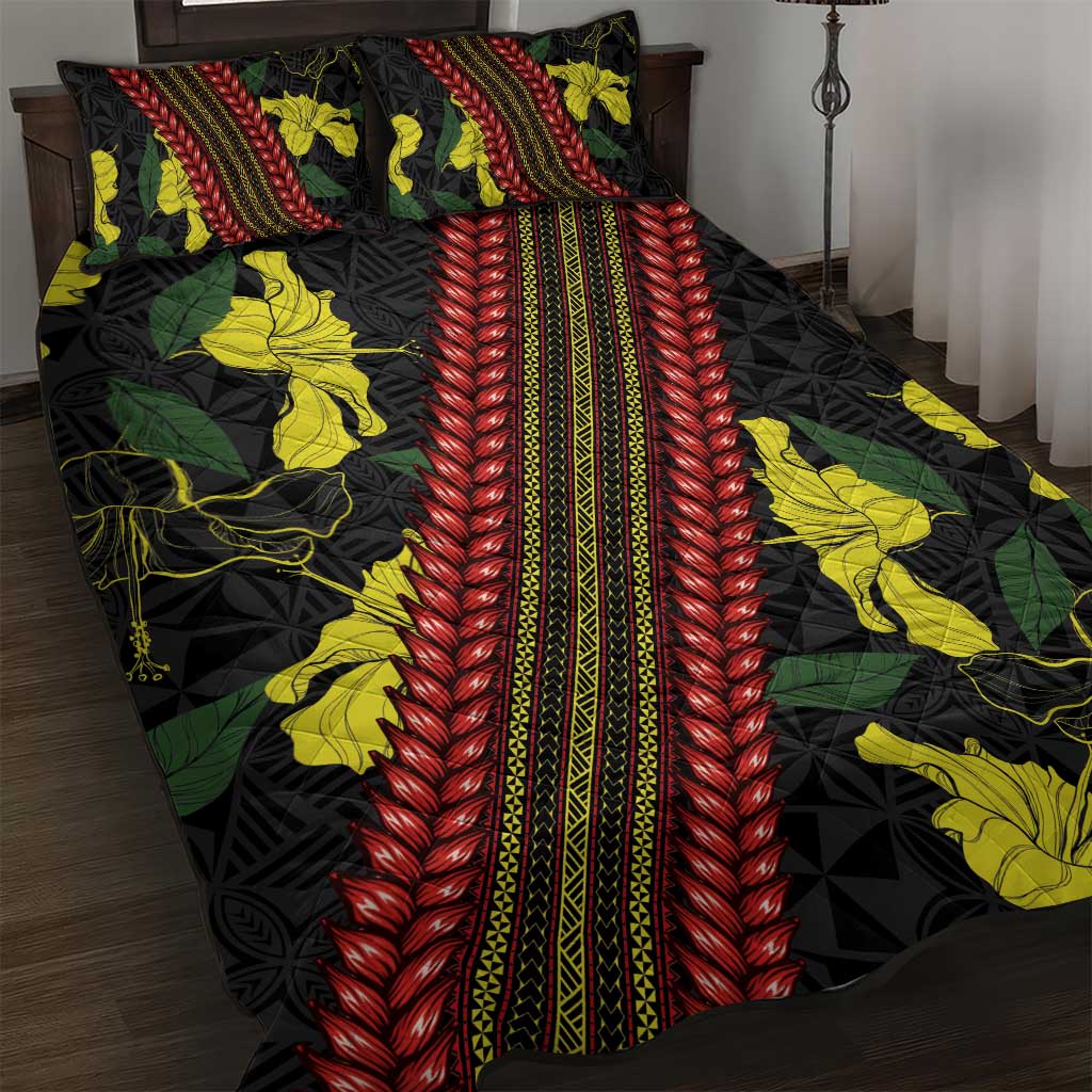 Samoan Culture Quilt Bed Set Hibiscus and Ula Fala with Tapa Pattern Black Color