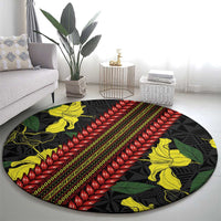 Samoan Culture Round Carpet Hibiscus and Ula Fala with Tapa Pattern Black Color