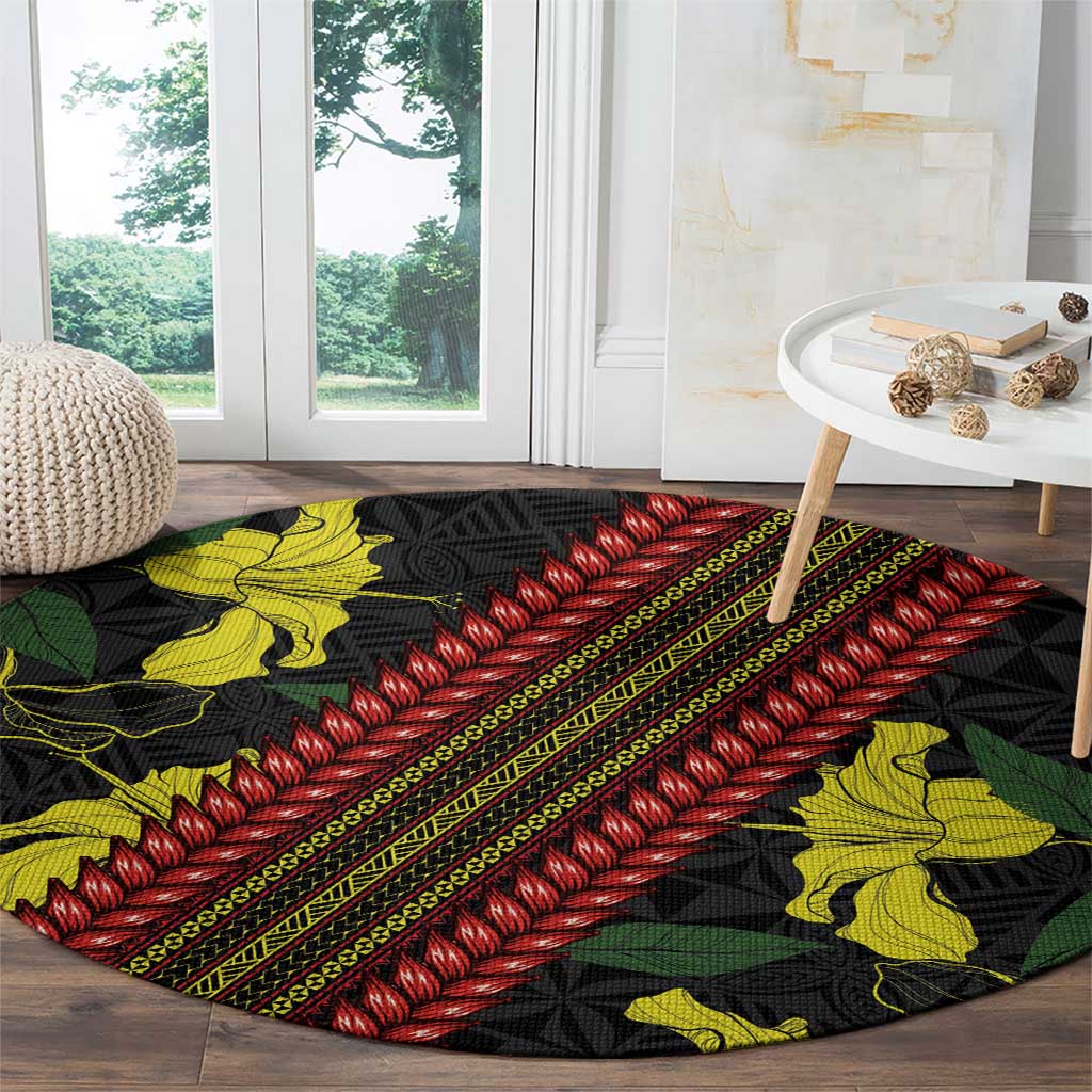 Samoan Culture Round Carpet Hibiscus and Ula Fala with Tapa Pattern Black Color