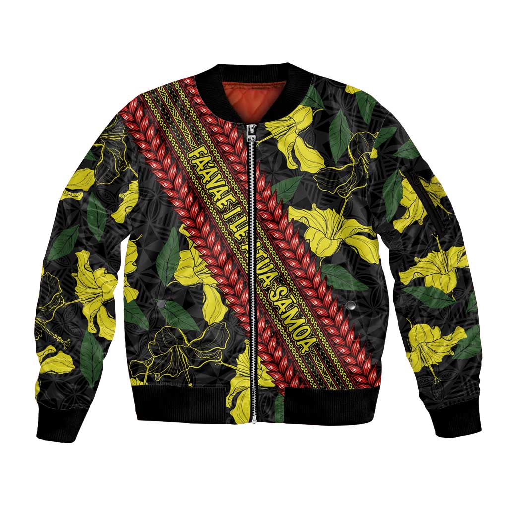 Samoan Culture Sleeve Zip Bomber Jacket Hibiscus and Ula Fala with Tapa Pattern Black Color