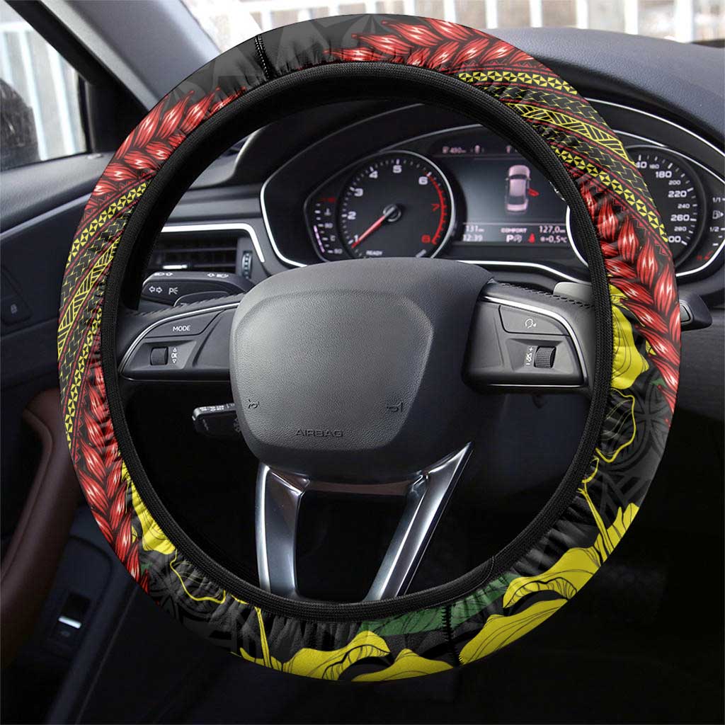Samoan Culture Steering Wheel Cover Hibiscus and Ula Fala with Tapa Pattern Black Color