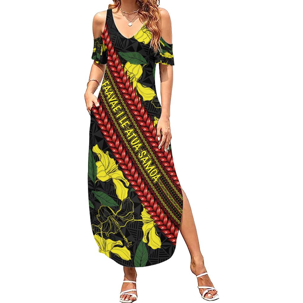 Samoan Culture Summer Maxi Dress Hibiscus and Ula Fala with Tapa Pattern Black Color