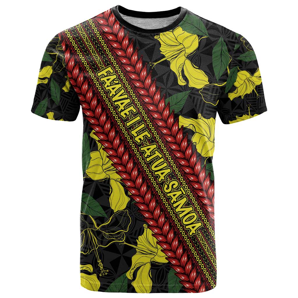 Samoan Culture T Shirt Hibiscus and Ula Fala with Tapa Pattern Black Color