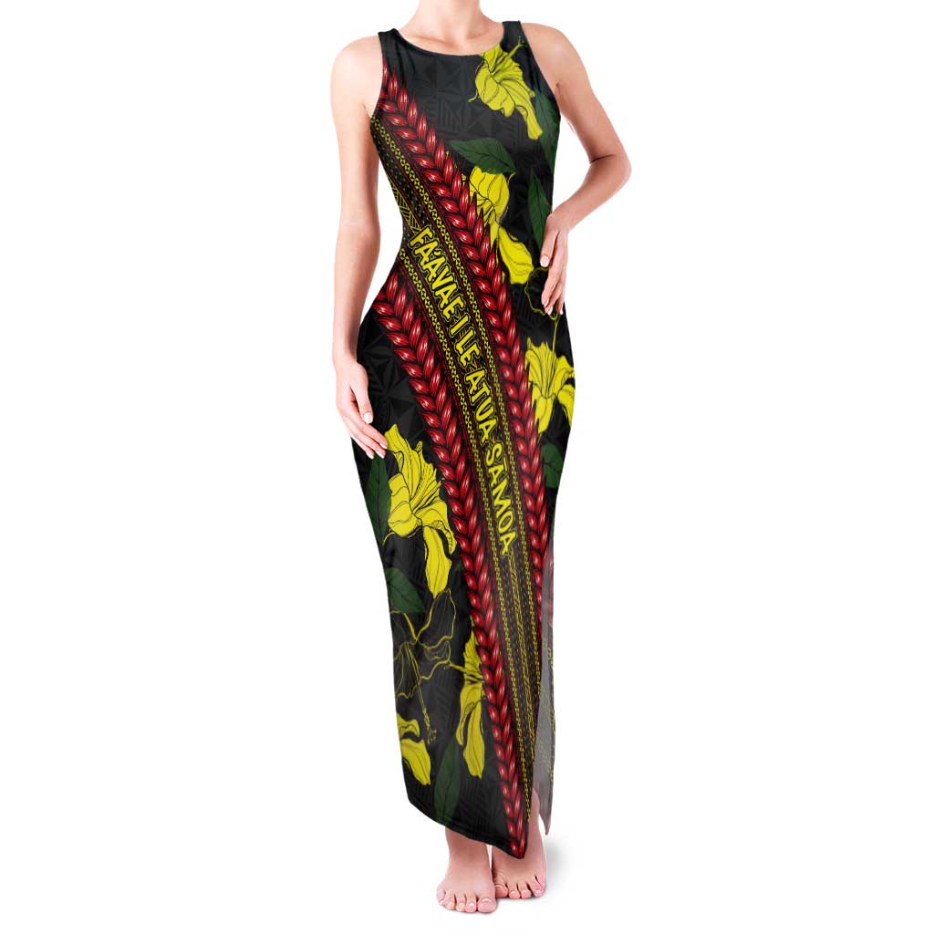 Samoan Culture Tank Maxi Dress Hibiscus and Ula Fala with Tapa Pattern Black Color