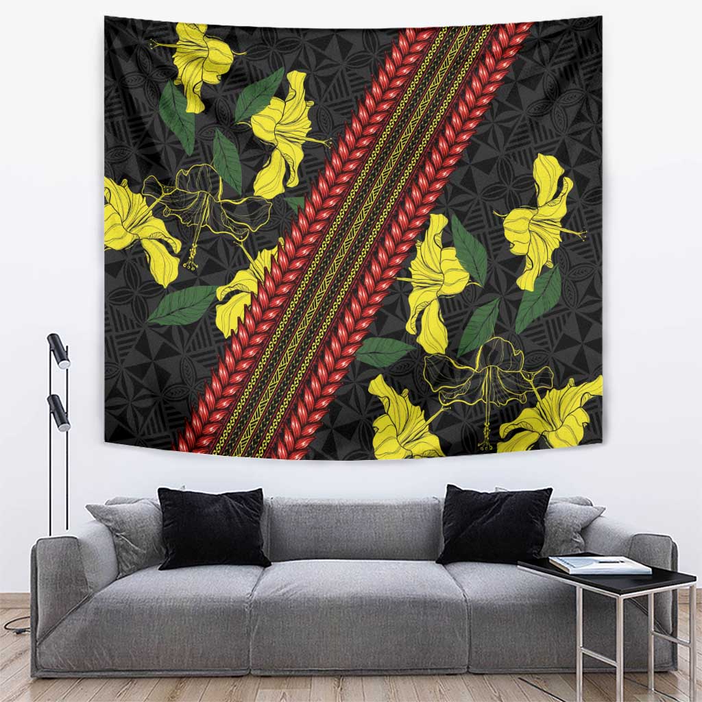 Samoan Culture Tapestry Hibiscus and Ula Fala with Tapa Pattern Black Color