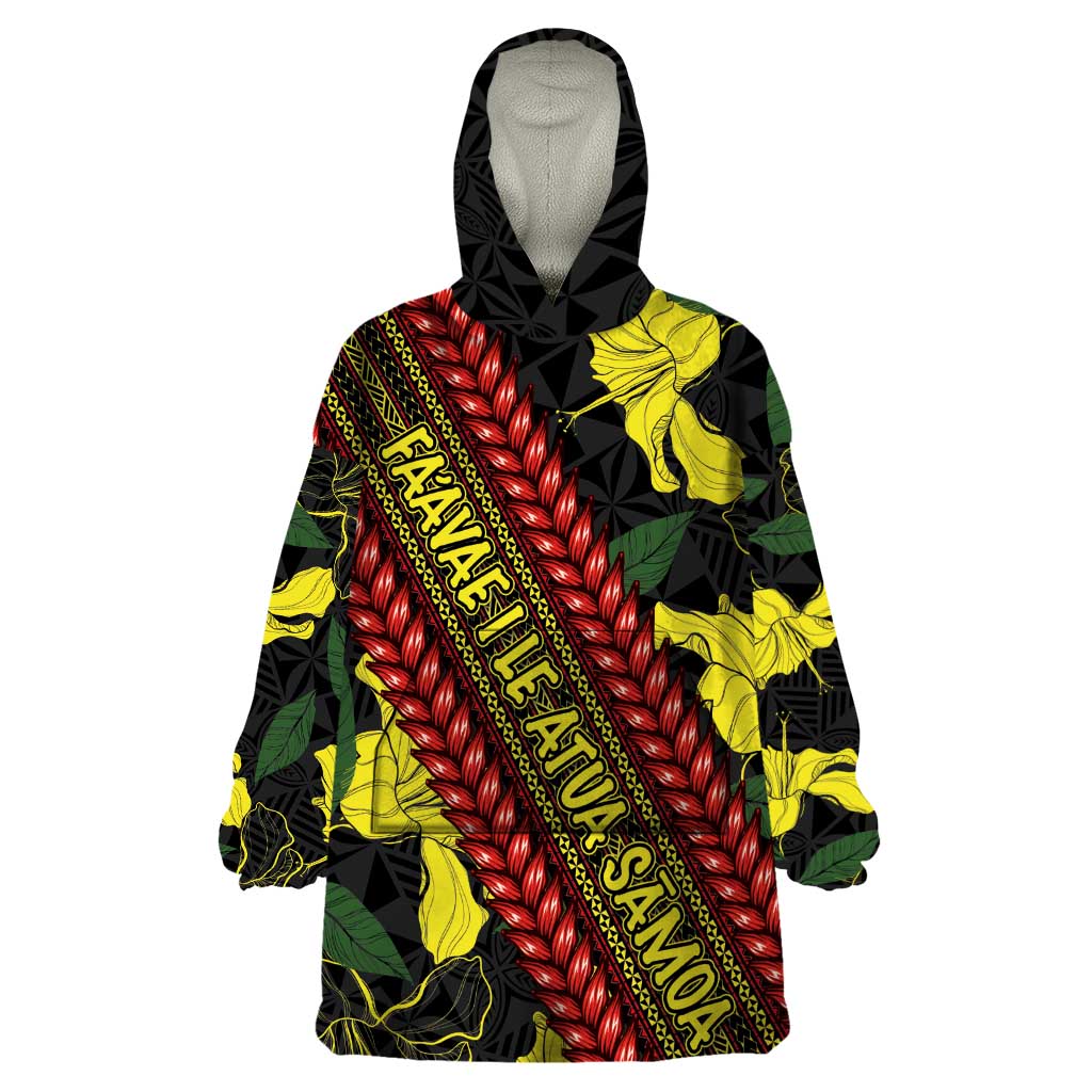 Samoan Culture Wearable Blanket Hoodie Hibiscus and Ula Fala with Tapa Pattern Black Color