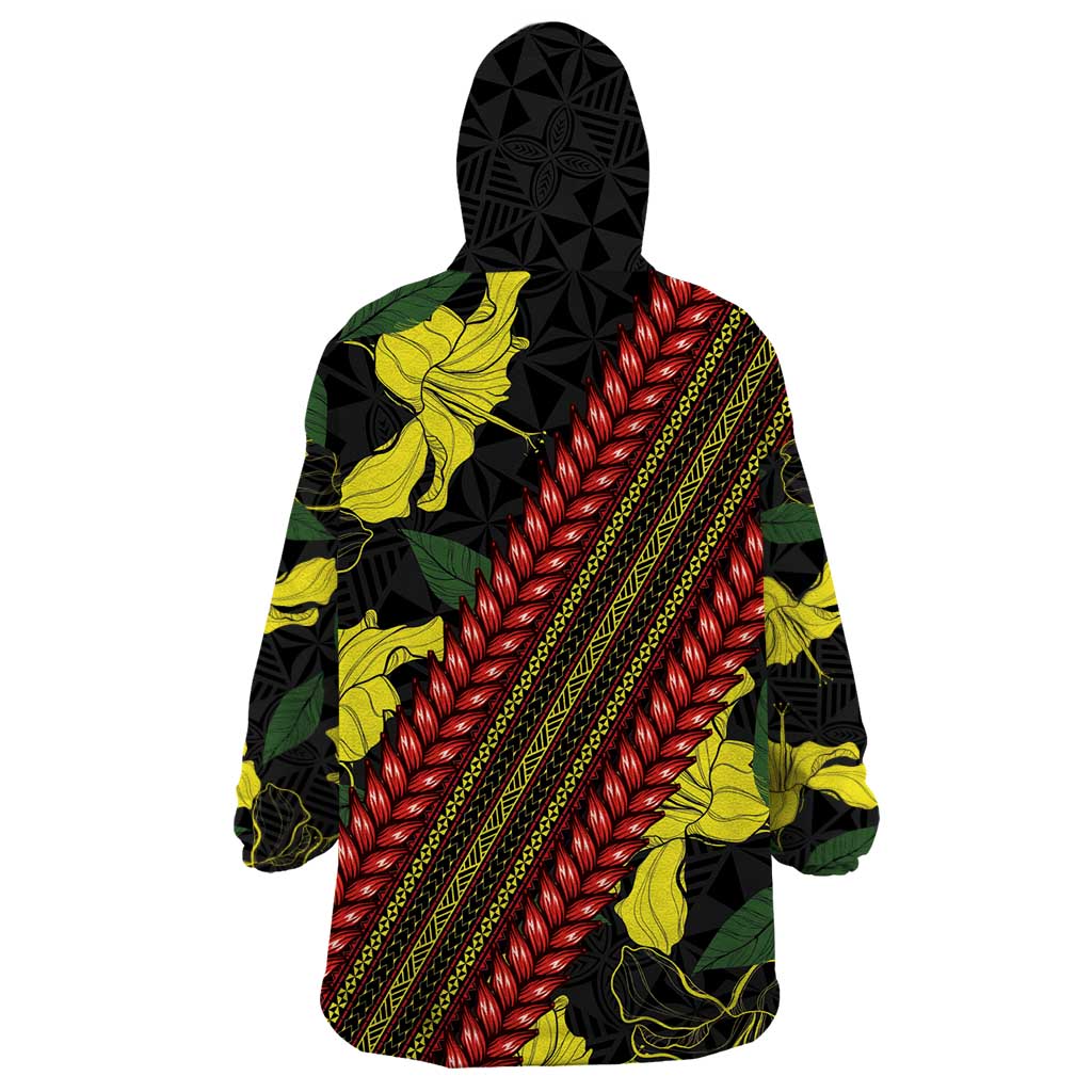 Samoan Culture Wearable Blanket Hoodie Hibiscus and Ula Fala with Tapa Pattern Black Color