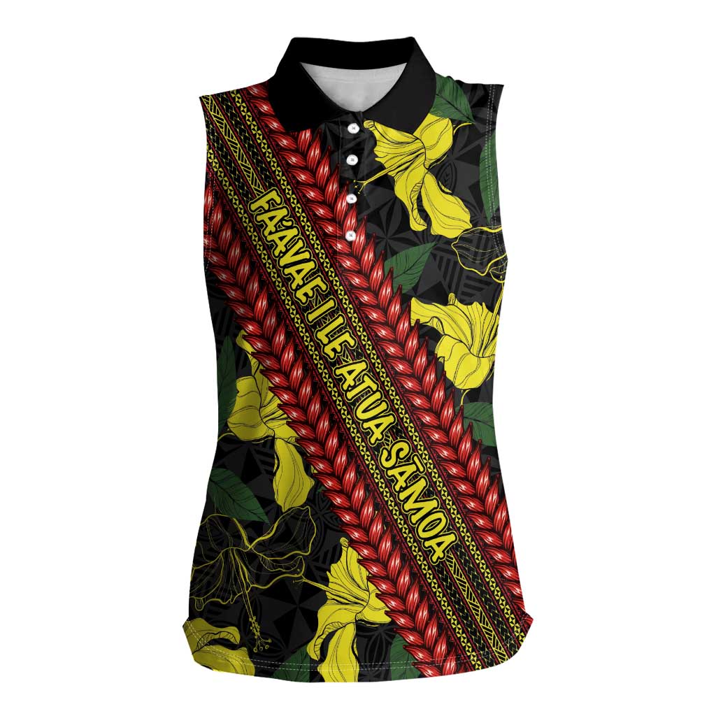 Samoan Culture Women Sleeveless Polo Shirt Hibiscus and Ula Fala with Tapa Pattern Black Color