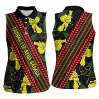 Samoan Culture Women Sleeveless Polo Shirt Hibiscus and Ula Fala with Tapa Pattern Black Color