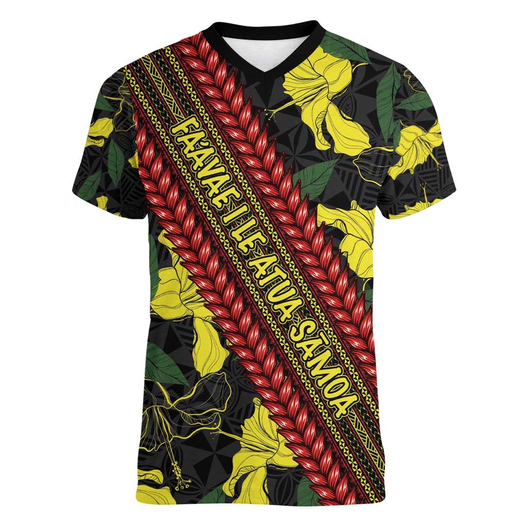 Samoan Culture Women V-Neck T-Shirt Hibiscus and Ula Fala with Tapa Pattern Black Color