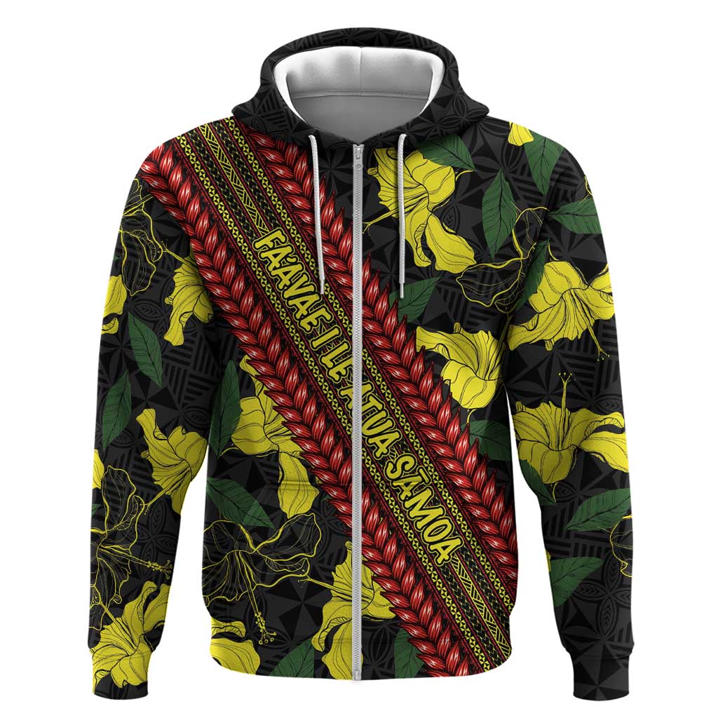 Samoan Culture Zip Hoodie Hibiscus and Ula Fala with Tapa Pattern Black Color