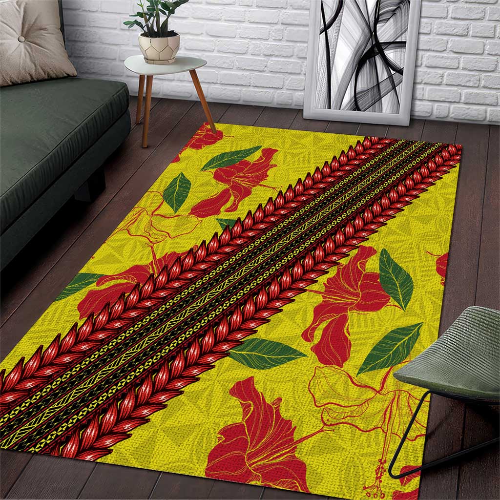 Samoan Culture Area Rug Hibiscus and Ula Fala with Tapa Pattern Yellow Color